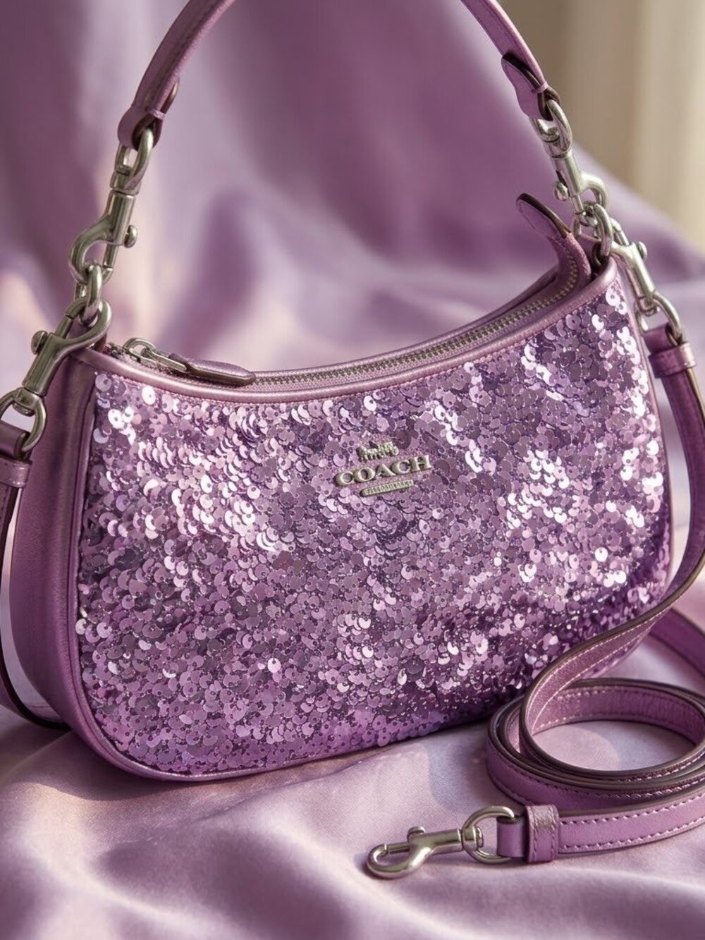 NWT Coach Teri Shoulder Bag with Purple Sequins and Silver Hardware - Picture 5 of 5